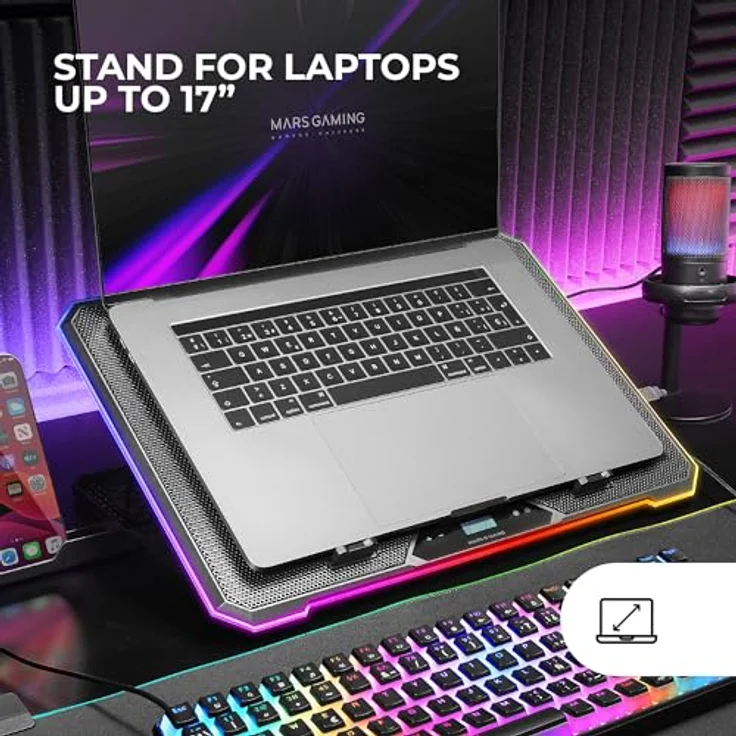 Mars Gaming MNBC13, Laptop-Ständer und Kühlfuß für Notebooks bis 17", 13 Lüfter, ARGB-Beleuchtung mit 10 Modi, LCD-Display, 8 verstellbare Neigungsstufen, Smartphone-Ständer, Schwarz – Bild 3