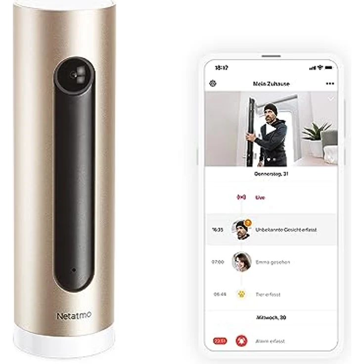 Netatmo Smarte Überwachungskamera Innen mit Wandhalterung, Wlan, Full HD, Bewegungserkennung, Nachtsicht,bis zu 32 GB lokaler Speicher auf MicroSD-Karte, Live Übertragung, Ohne Abonnement, NSC-AMZ – Bild 1