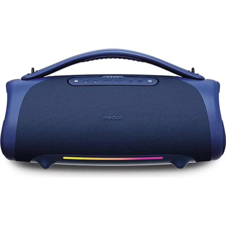 MEDION P61768 tragbarer Bluetooth Lautsprecher (Akku, Bass Boost, RGB Lichteffekte, IPX7 Wasserschutz & robust, integrierte Powerbank, 2X 25 W + 50 W RMS) Blau – Bild 2