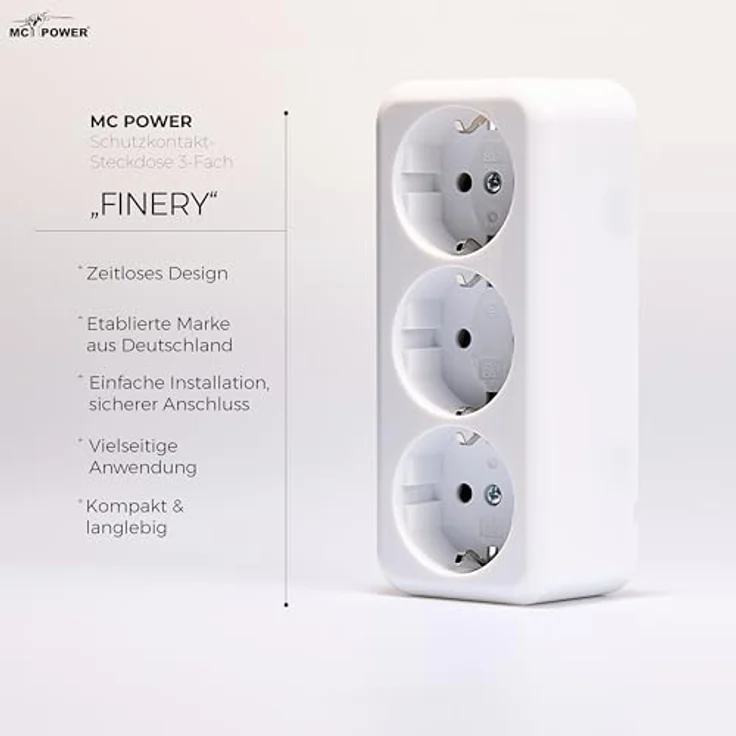 McPower Finery 3-Fach Aufputz Steckdose | Dreier Schutzkontaktsteckdose AP 250V/16A mit Einsteckschutz Shutter | Kompakt und langlebig | Weiß – Bild 2