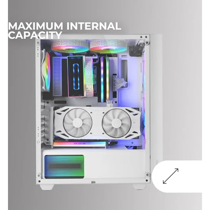 MARSGAMING MC-AIR, Gaming ATX-Gehäuse, 4X FRGB Rainbow 120mm Lüfter, Mesh-Frontpanel, Komplettes Seitliches Hartglasfenster, Doppelkammersystem, Unterstützung für Wasserkühlung, Weiß – Bild 4