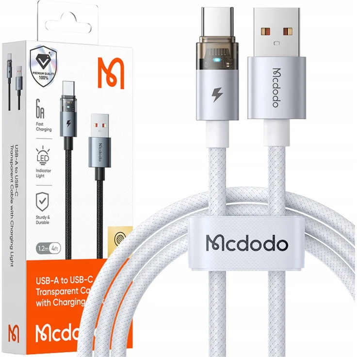 MCDODO USB-A auf USB-C Kabel mit Schnellladefunktion, 100W, 6A, 1 Meter, LED, Weiß