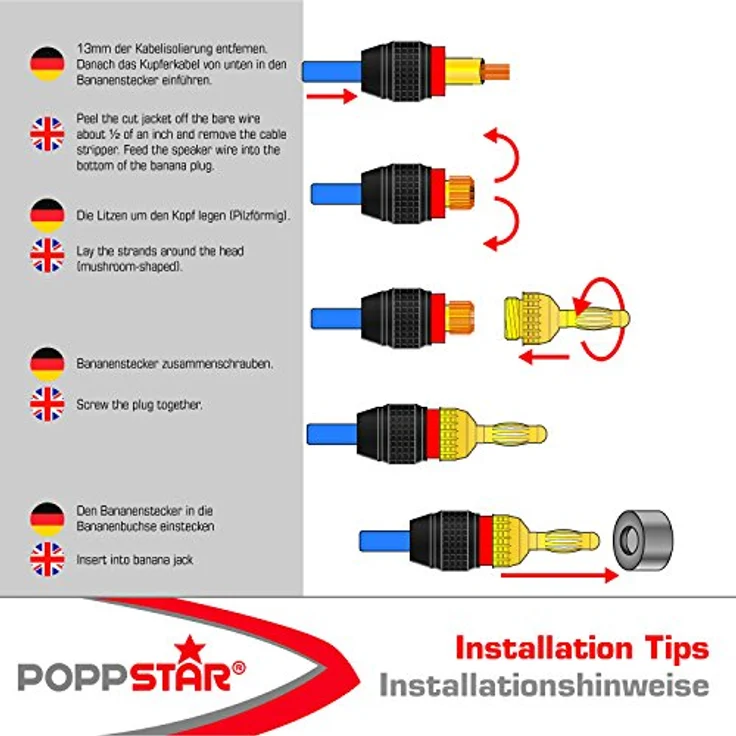 Poppstar 4x High End Bananenstecker (geschirmt), Bananas für Lautsprecherkabel (bis 6 mm²), Lautsprecher, AV Receiver, 24k vergoldet (2x schwarz, 2x rot) – Bild 5
