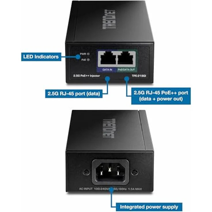 TRENDnet TPE-219GI 2,5G PoE++-Injektor, 90 W PoE++, 30 W PoE+, 15,4 W PoE, IEEE 802.3 bt /802.3at/802.3af-konform, Metallgehäuse, bis zu 100 m (328 Fuß), Schwarz – Bild 3
