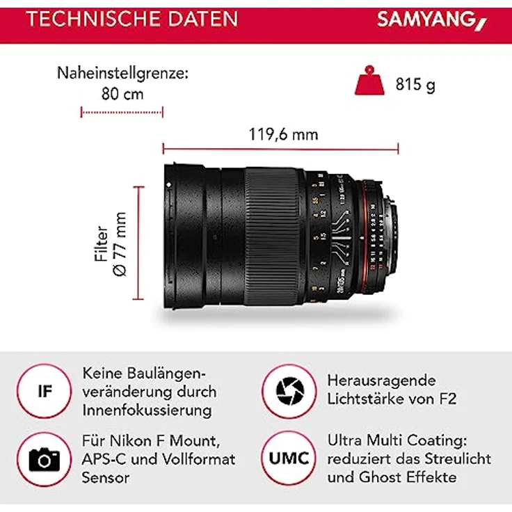 Samyang 135mm F2.0 Objektiv für Anschluss Nikon AE – Bild 2