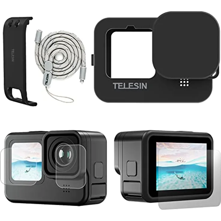 TELESIN Silikonkautschuk-Schutzhüllen-Zubehörset für GoPro Hero 11 10 9 Schwarz mit Akkuabdeckung+Objektivdeckel+4 x Ultra Clear Displayschutzfolien+2xHD-Objektivschutz+Riemen für GoPro 11 10 9