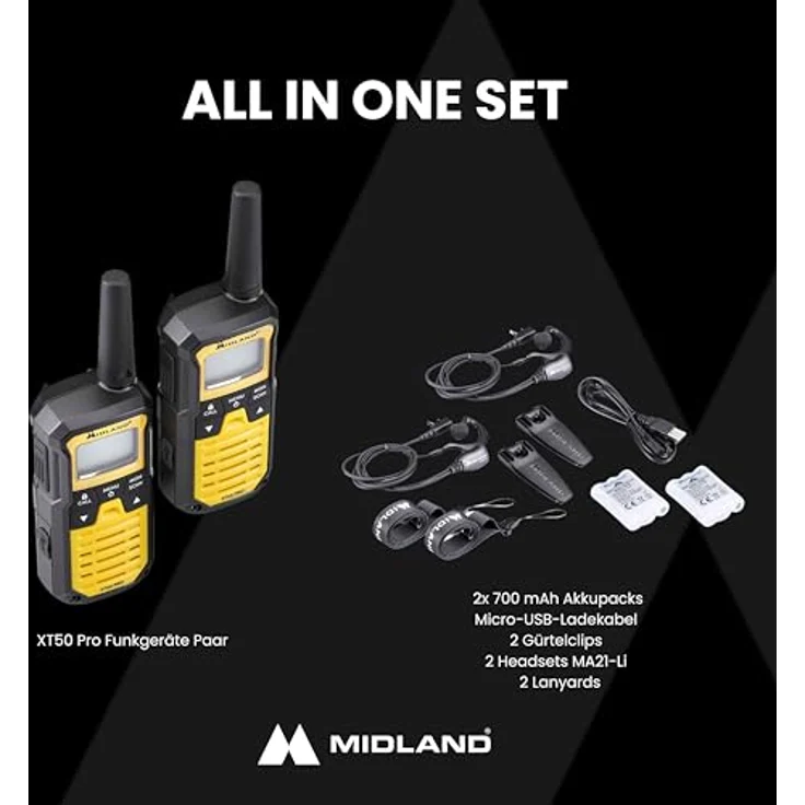 Midland XT50 Pro Walkie-Talkie mit 16 Kanälen, Reichweite bis zu 8 km, IPX2 wasserfest, Gelb – Bild 8
