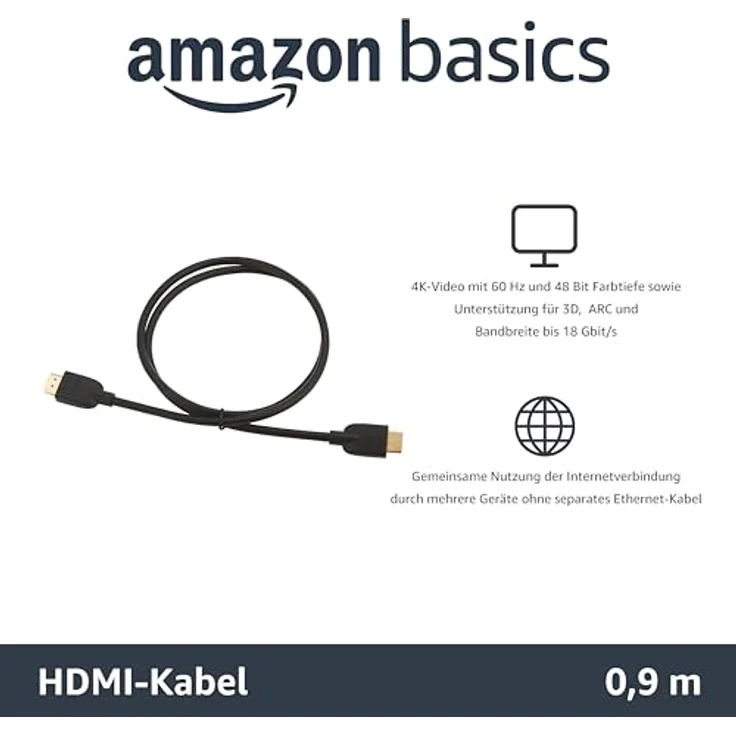 AmazonBasics Hochgeschwindigkeits-HDMI-Kabel 2.0, Ethernet, 3D, 4K-Videowiedergabe und ARC, Ultra-HD, 0,91 m – Bild 2
