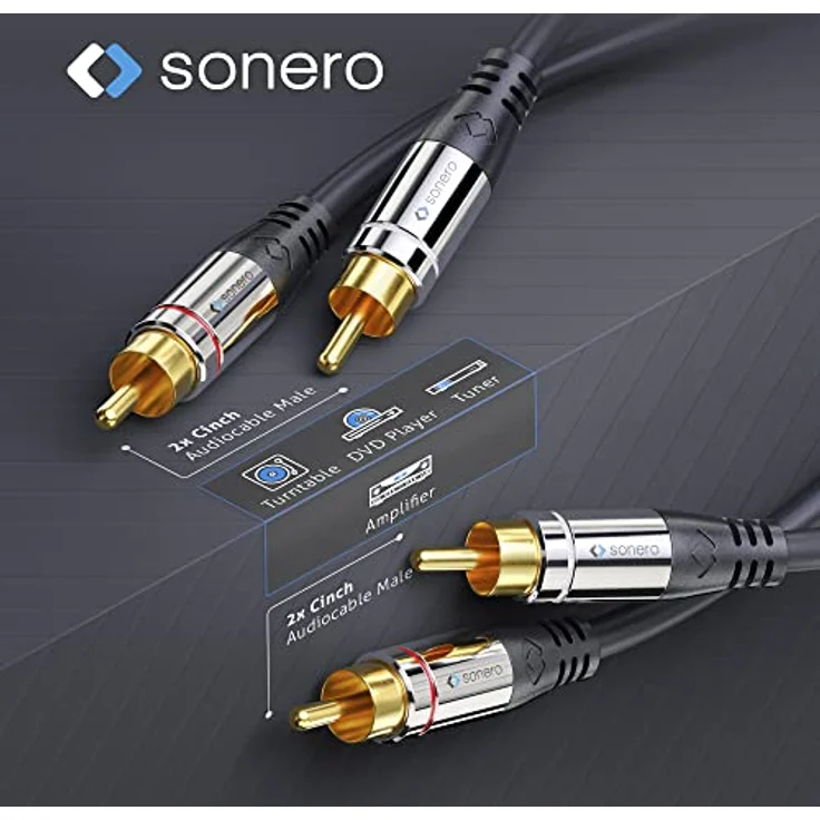 Sonero® Premium 12,5m Cinch Kabel, 2x Cinch auf 2x Cinch, Audio Kabel, Subwoofer, HiFi-Anlage, Verstärker, schwarz – Bild 3