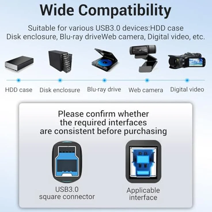 VENTION Druckerkabel 0.5m USB 3.0 Typ A Stecker auf Typ B Stecker Kabel Scanner Kabel USB Druckerkabel kompatibel mit HP/Epson/Dell/Canon/Lexmark/Xerox/Brother/Samsung - erhöhte Stabilität und schnelle Datenübertragung – Bild 3