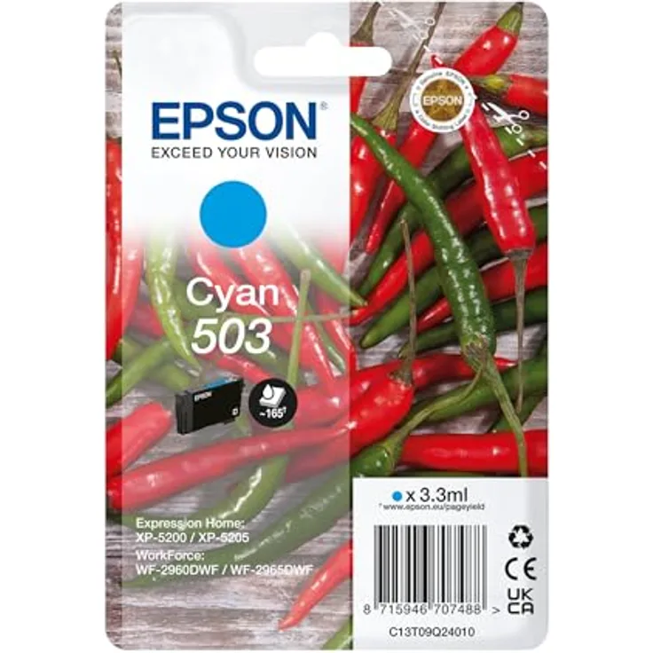 EPSON 503 Tintenpatrone Cyan (C13T09Q24010), Originalfarbe mit ca. 165 Seiten Druckleistung, kompatibel mit Expression Home XP-5200/5205 und WorkForce WF-2960/2965