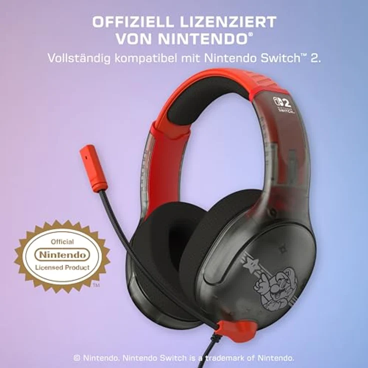 Turtle Beach Airlite Fit Gaming-Headset, kabelgebunden, offiziell lizenziert für Nintendo Switch 1 und 2, leicht, Mario Star, 40-mm-Lautsprecher, bidirektionales Mikrofon, Jersey-Ohrpolster – Bild 2