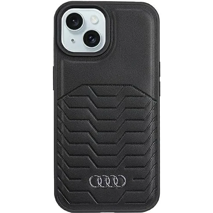 Audi Synthetic Leather Hülle für iPhone 15/14/13 6.1", Schwarz Hartschalenkoffer aus TPU/Kunstleder