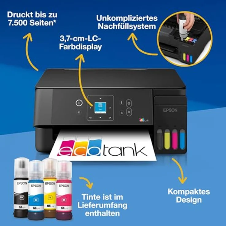 Epson EcoTank ET-2922, Multifunktionsdrucker mit WLAN, Farb-Tintenstrahl, bis zu 11 Seiten pro Minute, großes Papierfach für 100 Blatt, A4 und Legal-formate – Bild 2