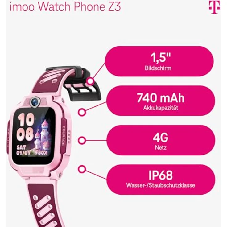 Deutsche Telekom imoo Kids Watch Z3, Smartwatch für Kinder mit GPS, Telefonfunktion, Datenschutz, wasserdicht, rosa – Bild 2