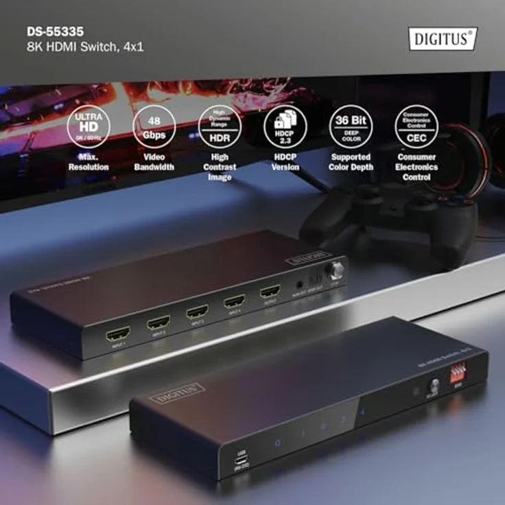 DIGITUS DS-55335 HDMI Switch 4x1 – UHD 8K/60 Hz – HDR, DTS, Dolby Digital – Für TV, Monitor, PS5, Xbox - Metallgehäuse – Bild 5