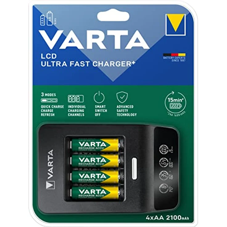 Varta LCD Ultra Fast Charger+ inkl. 4 Akkus 2100 mAh AA + 12V Ladegeräte -Universal- – Bild 2