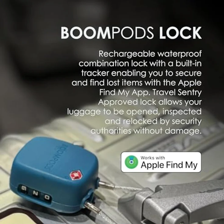 Boompods Tracker Lock, TSA-zugelassenes Gepäckschloss mit Ortungsfunktion, wasserdichtes Zahlenschloss in Grau, kompatibel mit Android und Apple – Bild 2