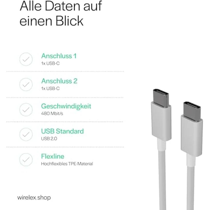 S/CONN maximum connectivity Flexline®-USB Lade-Sync Kabel, USB-C auf USB-C, 2.0, 1,5m, 0,48 Gbit/s, weiß – Bild 3
