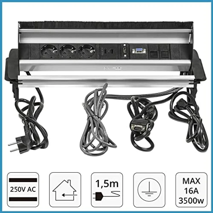 Elbe Inno Versenkbare Tischsteckdose mit 2xUSB, HDMI & VGA-Buchse, 2xRJ45 Netzwerkdose, Kindersicherung, Audiobuchse, 1,5m Kabel, für Büro - EL4403A, Schwarz-Grau – Bild 5