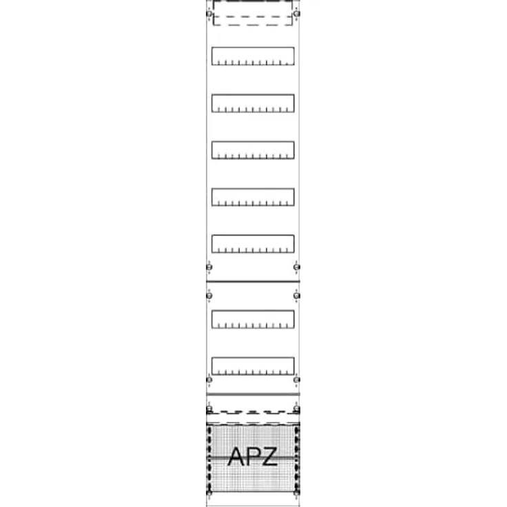 ABB Striebel & John Verteilerfeld m.APZ 9RE FV19A2, unbestücktes PC-Gehäuse mit 7 DIN-Schienen, 1350 mm hoch, mit Abdeckung und Ausschnitt