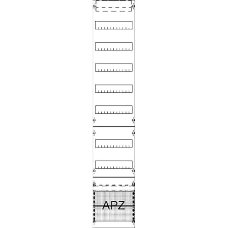 ABB Striebel & John Verteilerfeld m.APZ 9RE FV19A2, unbestücktes PC-Gehäuse mit 7 DIN-Schienen, 1350 mm hoch, mit Abdeckung und Ausschnitt – Bild 1