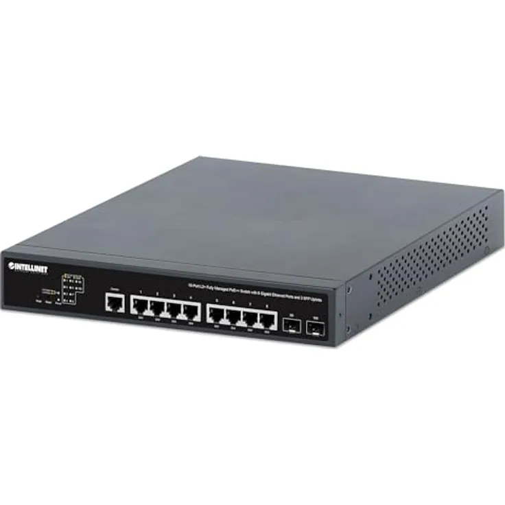 Intellinet 10-Port L2+ Fully Managed PoE++ Switch mit 8 Gigabit-Ports und 2 SFP-Uplinks, 242 W PoE-Le, schwarz