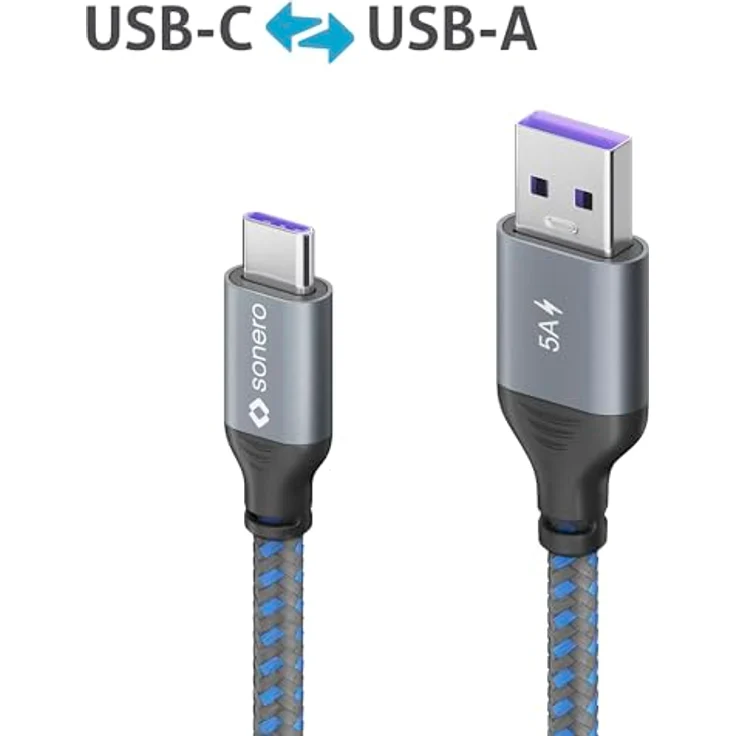 Sonero® USB-C auf USB-A Ladekabel, Schnellladekabel 5V/5A, Typ C Kabel 2.0, grau/blau, 0,25m – Bild 4