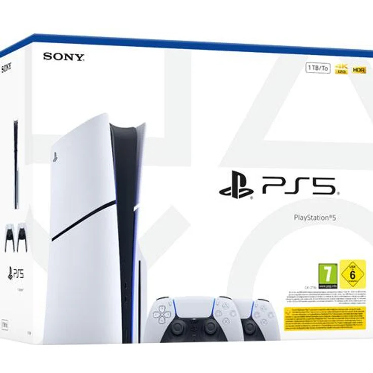 Sony PS5 Konsole SLIM E-Chassis, 1 TB, inklusive 2 DualSense Wireless-Controller, Schwarz, ultraschnelle SSD, 3D-Audio Unterstützung
