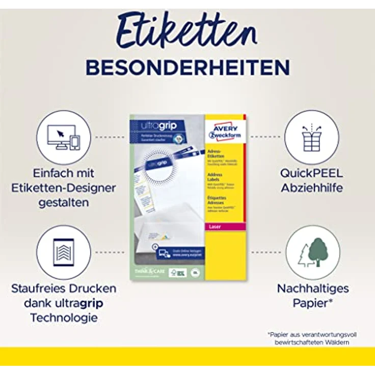 AVERY Zweckform L7636-25 Adressetiketten/Adressaufkleber (1.200 Etiketten mit ultragrip, 45,7x21,2mm auf A4, bedruckbar, selbstklebend, für Absenderetiketten, Papier matt) 25 Blatt, weiß – Bild 2