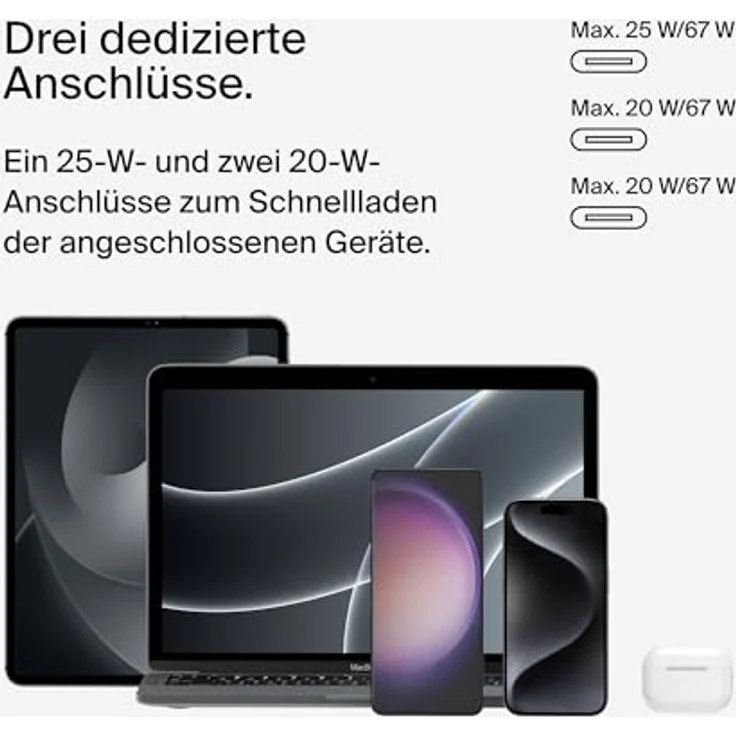 Belkin BoostCharge USB-C-Ladegerät mit DREI Anschlüssen und PPS (67 W), USB-C PD 3.1-iPhone-Schnellladegerät für die iPhone 15-Serie, MacBook Pro, AirPods, Galaxy und andere PD-fähige Geräte – Weiß – Bild 5