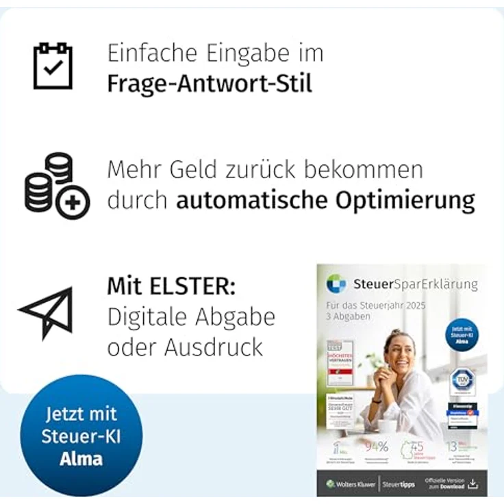 Wolters Kluwer SteuerSparErklärung 2026, Einfache Steuersoftware für Steuerjahr 2025 mit ELSTER, Datenimport & digitaler Steuer-KI Alma, für Windows & Mac, Aktivierungscode per Email – Bild 3