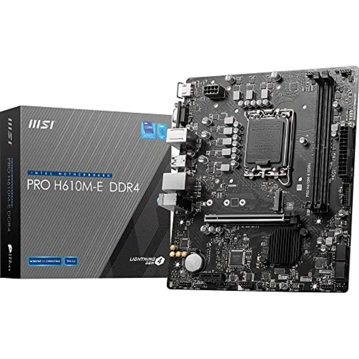 MSI PRO H610M-E DDR4 Motherboard, Micro-ATX - Unterstützt Intel 12th Gen Core Prozessoren, LGA 1700-2x DIMM (3200MHz), 1x PCIe 4.0 x16 slot, 1 x M.2 Gen3, USB 3.2 Gen1, 1G LAN, HDMI 1.4 & VGA