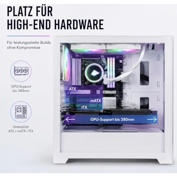 SILENTWARE Flow 110 White A-RGB Midi Tower PC-Gehäuse, 4x 120mm A-RGB Lüfter, Glas-Seitenfenster, Meshfront, GPU bis 380mm, ATX/mATX/ITX – Bild 5