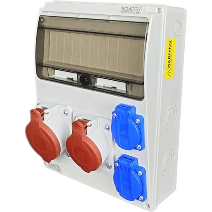 RoadEu Wandverteiler Stromverteiler. CEE Steckdose 16A und 32A mit 2x Schuko 230V. Innen- und Außenbereich. Komplett verdrahtet. IP44 Wasserdicht.