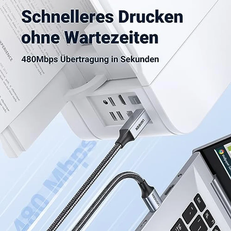 UGREEN Druckerkabel USB 2.0 Typ B, USB A auf USB B, 1m, hohe Übertragungsgeschwindigkeit bis zu 480 Mb/s, kompatibel mit HP, Canon, Epson, Lexmark, Dell, Brother, robust und langlebig – Bild 3