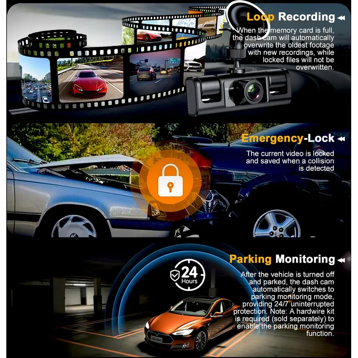 Lixada 360°-Dashcam, Quad-Kamera mit 4 Kanälen, Nachtsicht, WDR, 24-Stunden-Parkmodus, Loop-Aufzeichnung