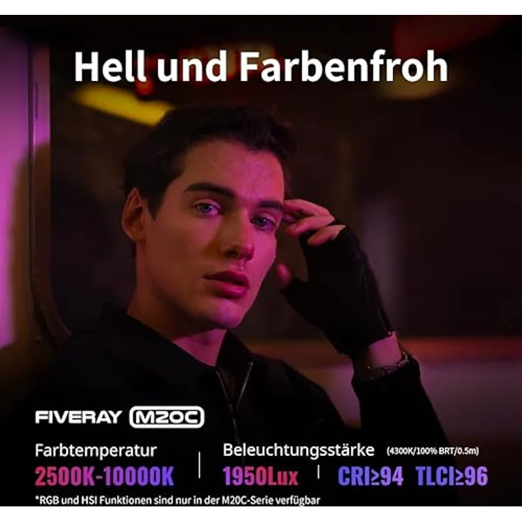 ZHIYUN Fiveray M20C Combo [Official] Videolicht RGB 20W, LED Streaming Licht, Magnetisch Videoleuchte mit 1950 Lux/ 2500~10000K/ 4500mAh/ CRI 94+/ Bluetooth, mit Gitter/Diffusor/Scheunentor/Tasche – Bild 3