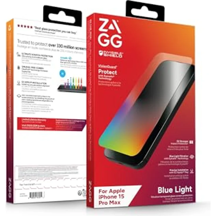 ZAGG InvisibleShield Glass Elite VisionGuard, Displayschutz aus gehärtetem Glas für Apple iPhone 15 Pro Max [6.7-Inch], Transparent, blaulichtfilternd, kratzfest, schmutzabweisend, stossfest. – Bild 3