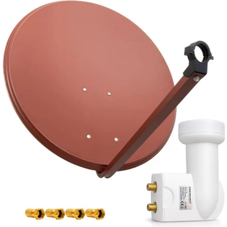 PremiumX Satelliten-Komplettanlage PXS80, 80 cm Satellitenschüssel in Ziegelrot mit Twin LNB und 4 F-Steckern, ideal für 2 Teilnehmer, 4K Ultra HD, robust und wetterbeständig