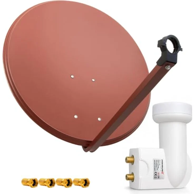 PremiumX Satelliten-Komplettanlage PXS80, 80 cm Satellitenschüssel in Ziegelrot mit Twin LNB und 4 F-Steckern, ideal für 2 Teilnehmer, 4K Ultra HD, robust und wetterbeständig – Bild 1