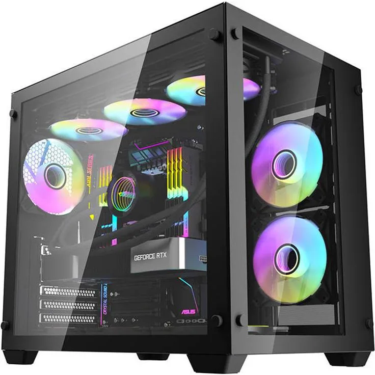 Darkflash Tech C285 (ATX, mATX, ITX), PC Gehäuse, Schwarz mit gehärteter Glas-Seitenwand