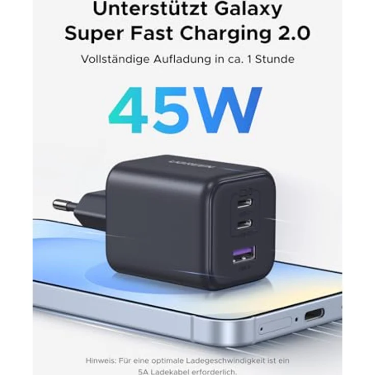 UGREEN 45W USB C Ladegerät 3-Port PPS Schnellladegerät, kompakt und leistungsstark für Galaxy S25 Ultra, iPhone 17 Pro Max, MacBook Air, mit GaN Technologie und umfassendem Ladeschutz – Bild 2