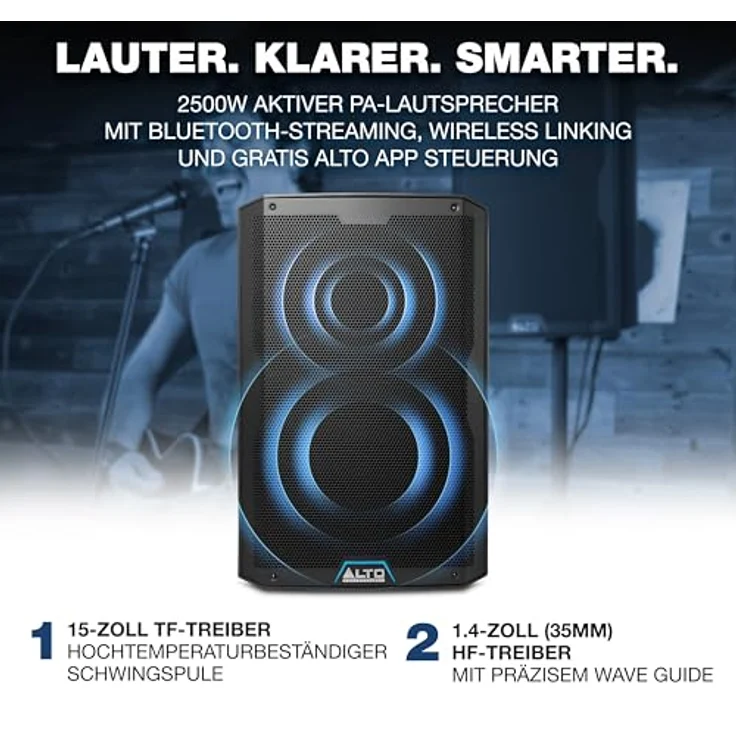 ALTO TS415, 2500 Watt 15-Zoll Aktiver PA-Lautsprecher mit 3-Kanal Mixer, Bluetooth-Streaming, Drahtloser Lautsprecherkopplung und DSP – Bild 2