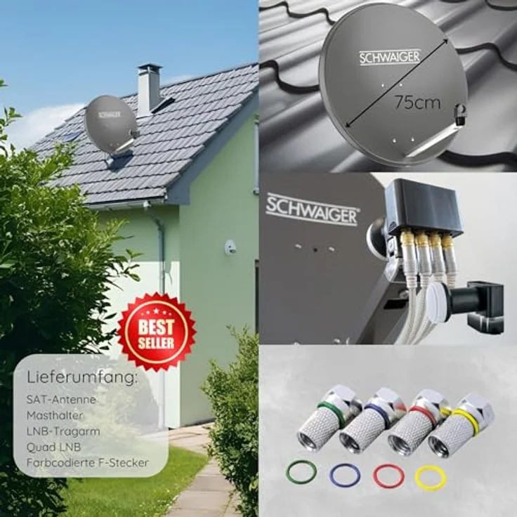 Schwaiger Satellitenanlage Set, Anthrazit Stahl, 75 cm Offset Antenne mit Quad LNB für 4 Teilnehmer – Bild 2