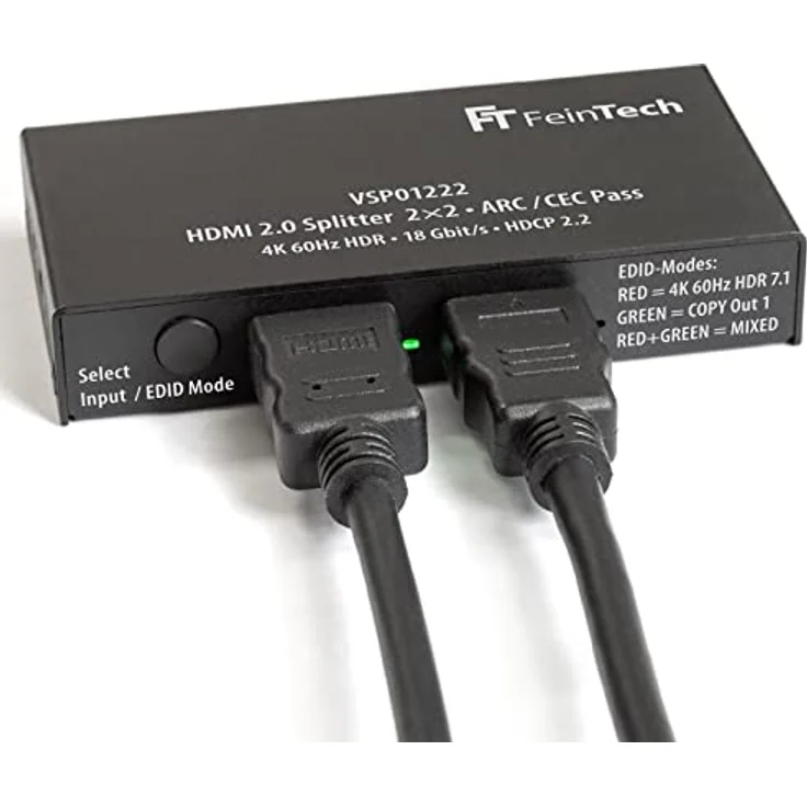 FeinTech VSP01222 HDMI 2.0 Splitter 2 Eingänge 2 Ausgänge Scaler ARC Pass für AV-Receiver 4K 60Hz HDR, Schwarz – Bild 4