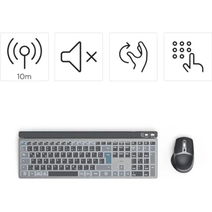 Hama Tastatur-Maus-Set kabellos WKM-750 (Multi-Device 1x Funk, 2X Bluetooth für PC, Laptop, Tablet, leise Tastatur LED, verstellbare Tippwinkel, FN-Lock, QWERTZ DE, ergonomische leise Maus) schwarz – Bild 2