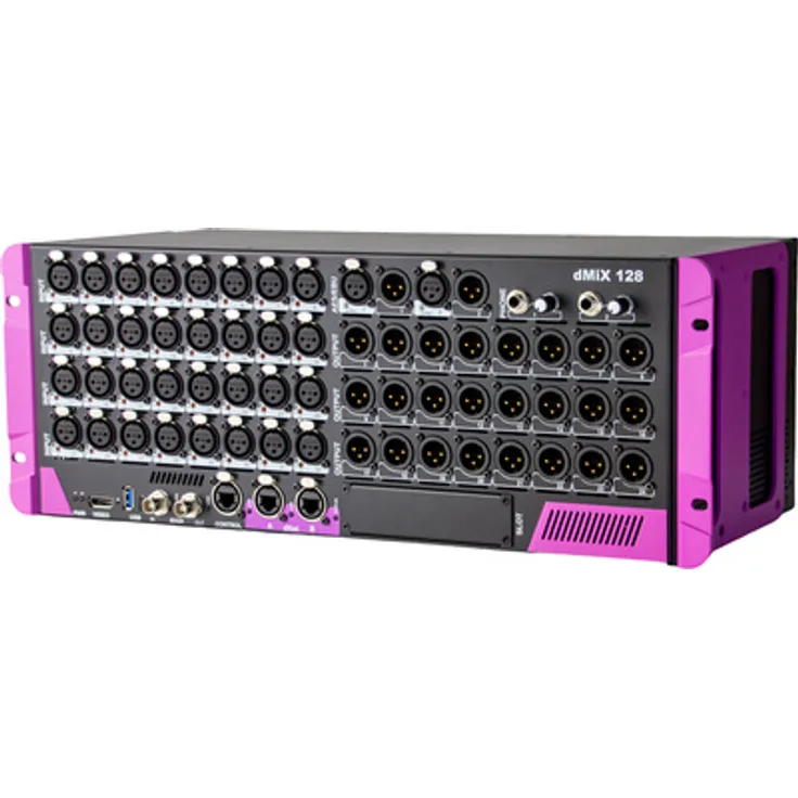 Violet Audio dmix128, 128-Kanal-Mixer mit 32 XLR Mic/Line In, 24 XLR Line Out, FPGA-Verarbeitung und umfangreicher Effektsektion