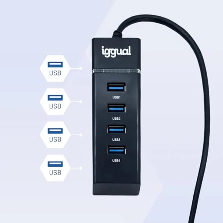 iggual USB-C-Hub mit 4 USB-3.0-Anschlüssen, Typ-C-Adapter, Blaue LED-Anzeige, Sicherungsschutz, 30 cm Kabel, kompatibel mit MacBook Pro/Air, iPhone und Galaxy – Bild 2
