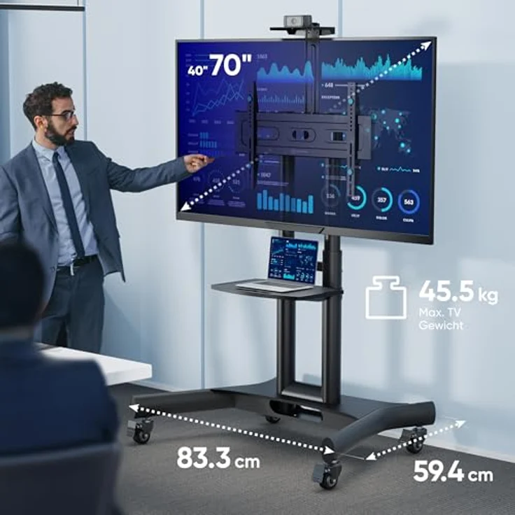 ONKRON TV Ständer rollbar für 40-70 Zoll Schwarz - höhenverstellbar max 600x400 VESA - TV Wagen mit Ablage und Rollen bis 45,5 kg – Bild 2